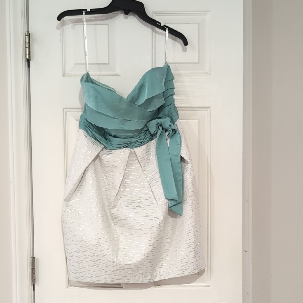 Aryn K Strapless Dress in Teal and White